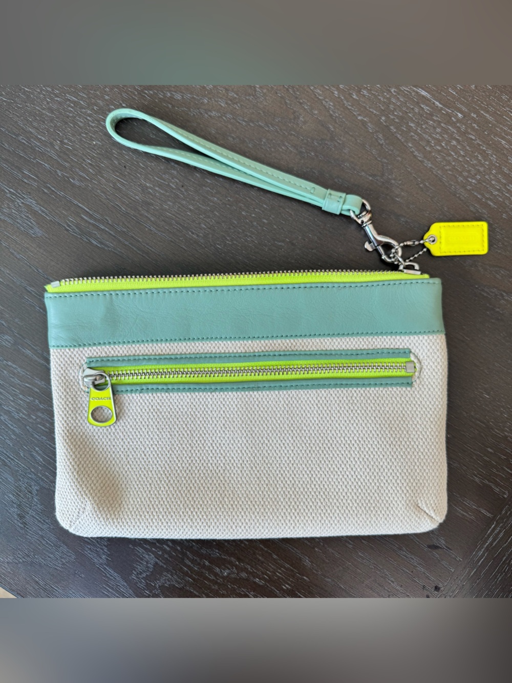 Coach Weekend Beach Canvas Wristlet Mint & Neon Yellow